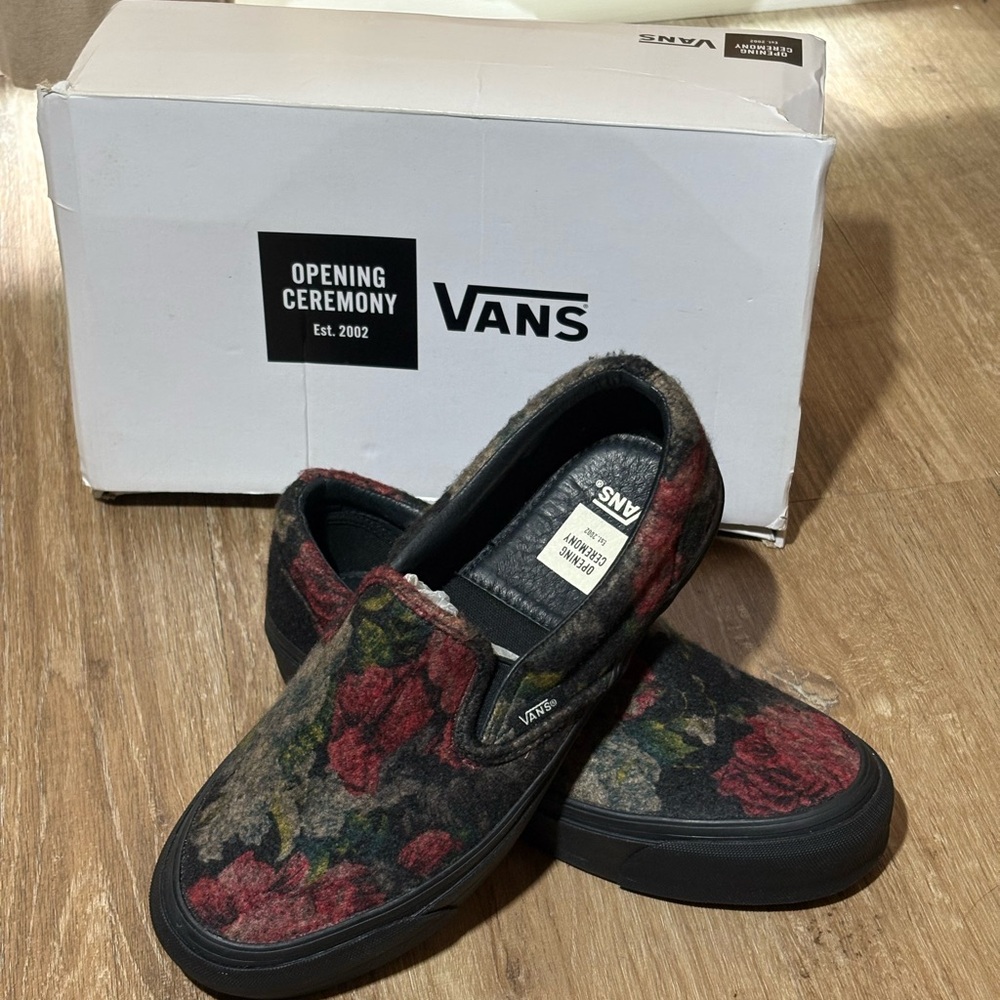 Vans Slip-On Sneakers in Black with Red & Green Floral Pattern